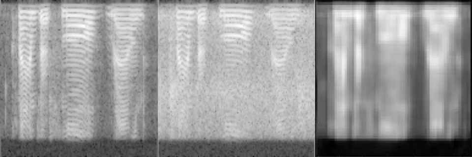 Рис. 2 Чистая, зашумленная, восстановленная спектрограммы
